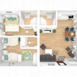 Zwei Schlafzimmer, Küche, Essbereich und Wohnzimmer mit Bad und Toilette.