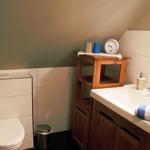 Badezimmer mit Toilette, Waschbecken und Holzregal unter Dachschrägen