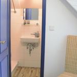 Badezimmer mit Waschbecken, Spiegel und Dusche. Tür und Wandfarbe blau.