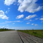 Eine asphaltierte Straße führt durch eine grüne Landschaft unter einem blauen Himmel mit weißen Wolken.