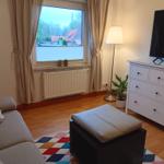 Wohnzimmer mit Sofa, Fernseher und Fensterblick auf Häuser
