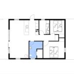 Wohnung mit Küche, Bad, zwei Schlafzimmern und einem Flur.