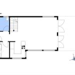 Stueplan zeigt Wohnraum, Küche, Schlafzimmer und Bad mit Treppe.