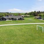 Grüner Rasen mit Fußballtor, mehrere Häuser und Bäume im Hintergrund.