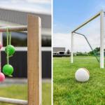 Garten mit Fußballtor und bunten Golfschlägern zum Spielen.