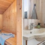 Holzsauna mit Bank und Eimer. Bad mit Waschbecken und Handtuch.