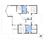 Funktionaler Grundriss mit drei Schlafzimmern, Sauna und überdachter Terrasse.