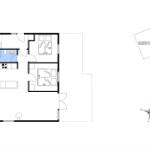 Wohnung mit zwei Schlafzimmern, Küche und überdachter Terrasse.