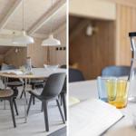 Esszimmer mit Holzdecke, runden Tisch und Stühlen. Auf dem Tisch stehen Gläser und eine Karaffe.