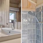 Bad mit Waschbecken und Dusche mit Glasfliesen
