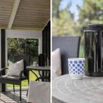 Terrasse mit Sitzgelegenheit und Tisch. Auf dem Tisch steht eine Tasse und eine Kanne.