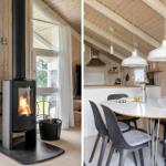 Kaminofen mit brennendem Feuer und Essbereich mit runden Tisch und Stühlen.