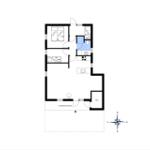 Wohnung mit Schlafzimmer, Küche, Bad und überdachter Terrasse.