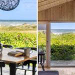 Haus mit Blick auf Strand und Dünen. Tisch mit Tassen und Buch. Sitzgelegenheit neben Glasfront.