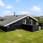 Schwarze Holzhütte mit Balkon und Dachgaube auf grünem Grund.