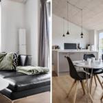 Schwarzes Sofa mit Kissen und Decke. Essbereich mit Tisch, Stühlen und Küchenzeile.