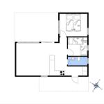 Wohnung mit Schlafzimmer, Bad und Küche. Flur mit Türen zu allen Räumen.