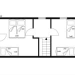 Erdgeschossplan mit Schlafzimmern und Treppe zur oberen Etage.