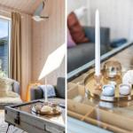 Wohnzimmer mit Holzwand, Sitzgelegenheiten und Blick auf den Garten.