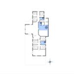 Grundriss einer Wohnung mit mehreren Schlafzimmern und einem markierten Wohnbereich.