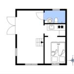 Wohnung mit Küche, Bad und Schlafzimmer. Raumverteilung mit Maßangaben.