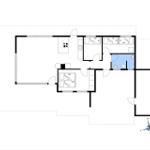 Grundriss einer Wohnung mit Küche, Bad und drei Schlafzimmern.