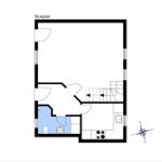 Stueplan zeigt Wohnfläche, Küche und Treppenhaus mit Richtungsanzeiger.