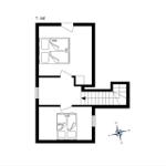 Erdgeschoss mit Schlafzimmer und Treppenhaus. Raumgrößen sind eingezeichnet.