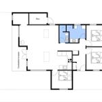 Wohnung mit drei Schlafzimmern, Küche, Bad und überdachter Terrasse.