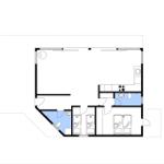 Stueplan zeigt Wohn- und Schlafzimmer mit Küche und Bad.