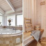 Bad mit Whirlpool und Fenster. Sauna mit Holzbank und Eimer.