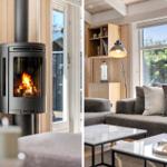 Ein Wohnzimmer mit Kamin und Sofa, große Fenster und Holzwand.
