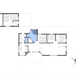 Wohnung mit drei Schlafzimmern, Küche und Bad. Grundriss mit Orientierung.
