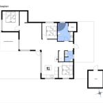 Dieses Stueplan zeigt eine Wohnung mit drei Schlafzimmern, Sauna, Küche und überdachter Terrasse.