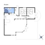 Floor plan shows living area, kitchen, bathroom, and two bedrooms with beds.