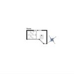 Hems: floor plan with bedroom, bathroom, and window. Compass included.