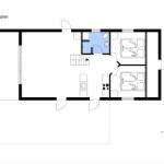 Stueplan zeigt zwei Schlafzimmer, Küche, Bad und Treppenhaus.