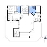 Apartment with kitchen, three bedrooms and two bathrooms. Floor plan with compass.