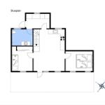 Floor plan shows living area, kitchen, bathroom, and bedrooms with furniture.