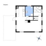Floor plan shows kitchen, bathroom, bedroom, and staircase.