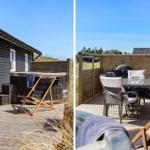 Deck with hot tub, sun loungers, and grill area. Wooden siding and clear view.