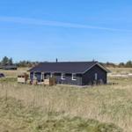 A dark wooden house with a terrace stands in a grassy landscape under a blue sky.