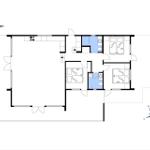Floor plan shows three bedrooms, two bathrooms, and a kitchen with dining area.