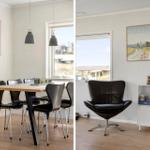 Dining room with table and chairs. Adjacent room with armchair and cabinet. Wall art with Denmark motifs.