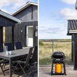 Deck with table and chairs and grill with gas canister. View of beach and grassland.