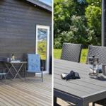 Terrasse mit Stühlen und Tisch. Außentisch mit Stühlen und Getränke.
