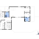 Wohnung mit drei Schlafzimmern, Küche und Bad. Flur mit Treppe und Fenster.