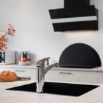 Küchenarbeitsplatte mit Spüle, Blumen und Backofen im Hintergrund.