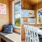 Living area with bench and window. Kitchen area with table and chairs.