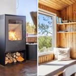 Wood stove with firewood and window seat with view.